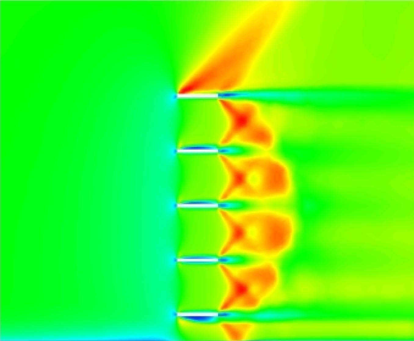  Mach contours in conventional fin at freestream M 1.045 