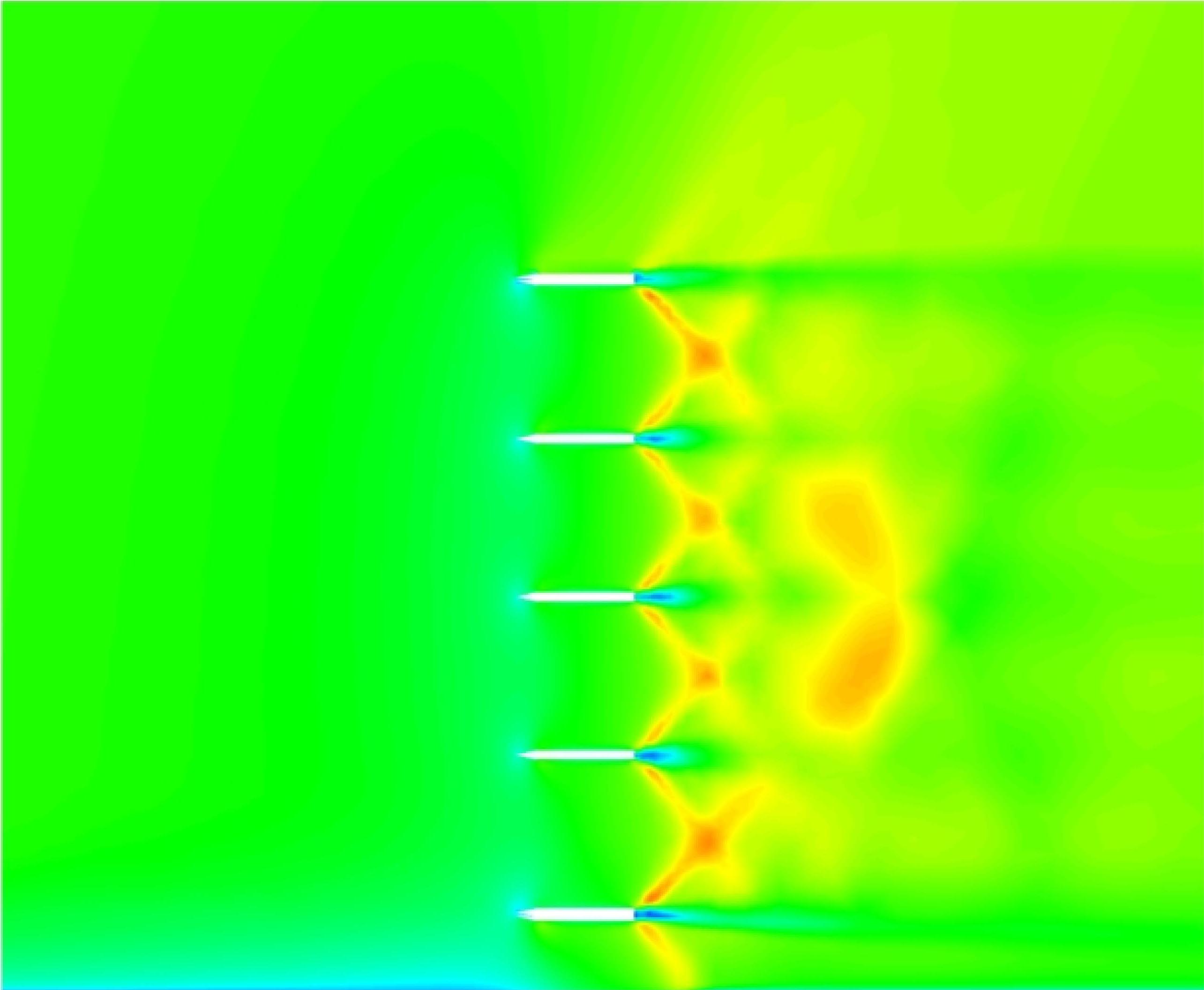  Mach contours in swept-back fin at freestream M 1.045 